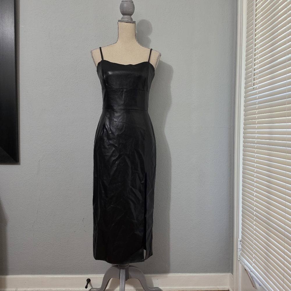 RIHOAS Midi PU Black Spaghetti Strap Dress NWT Small